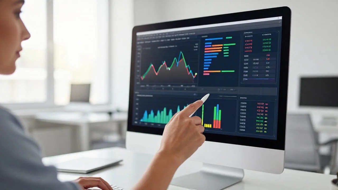Analista señalando gráficos de rendimiento y métricas de datos en un monitor de oficina moderna.