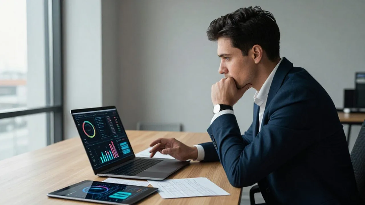 Empresario concentrado analizando gráficos y datos en un ordenador dentro de una oficina moderna.