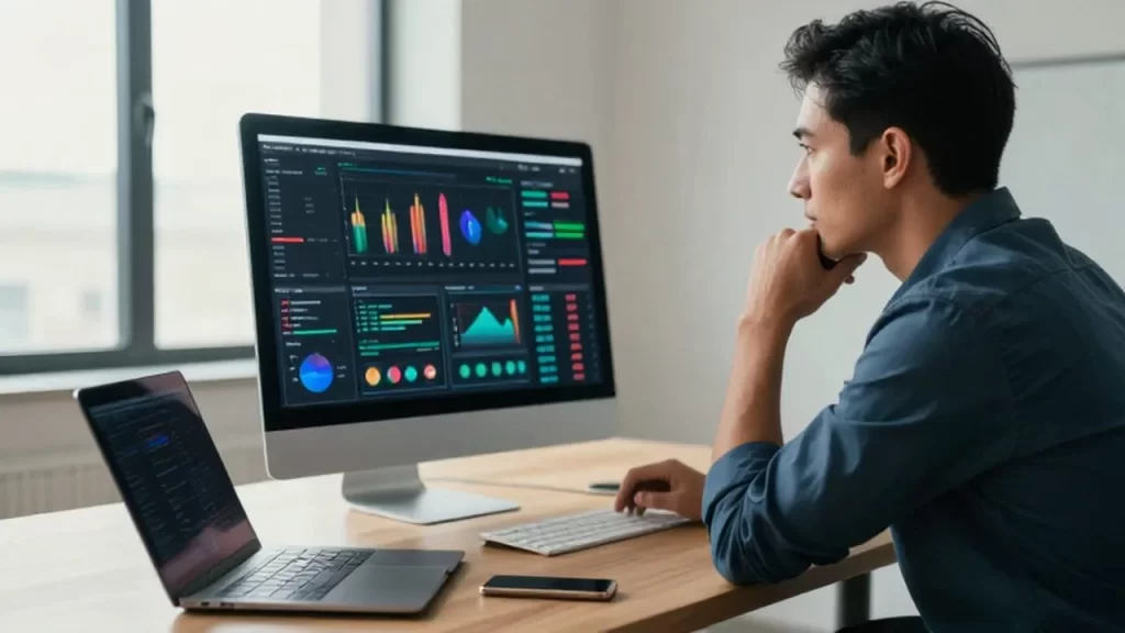 Emprendedor concentrado analizando gráficos de métricas y datos en un monitor en una oficina moderna.