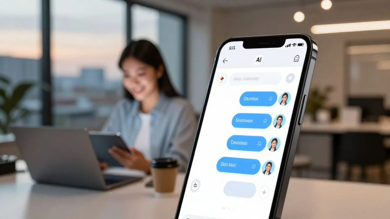 Primer plano de un smartphone con una interfaz de chat de inteligencia artificial en una oficina moderna.