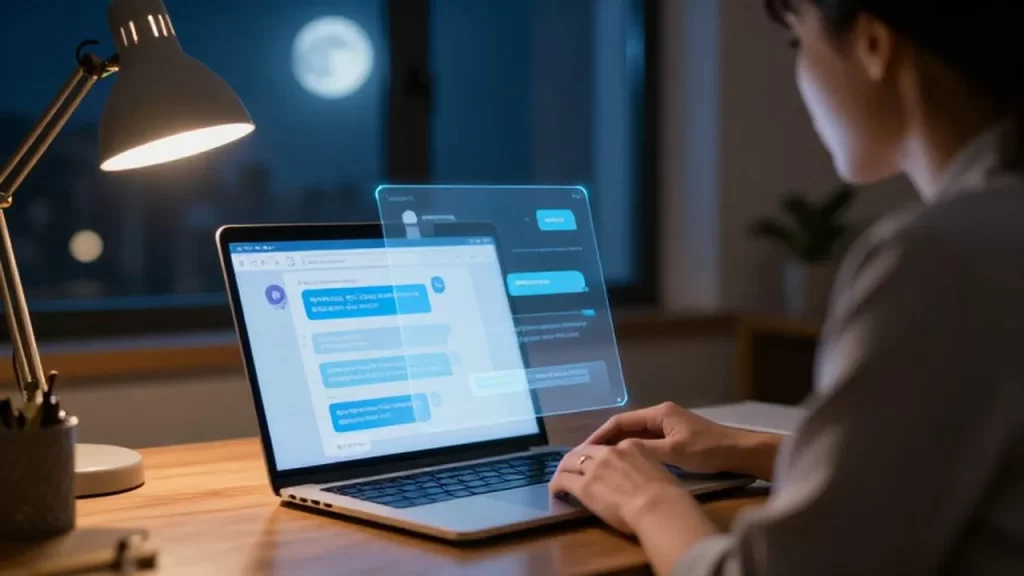 Laptop encendida sobre un escritorio de madera con una interfaz de chat holográfica en una oficina nocturna.