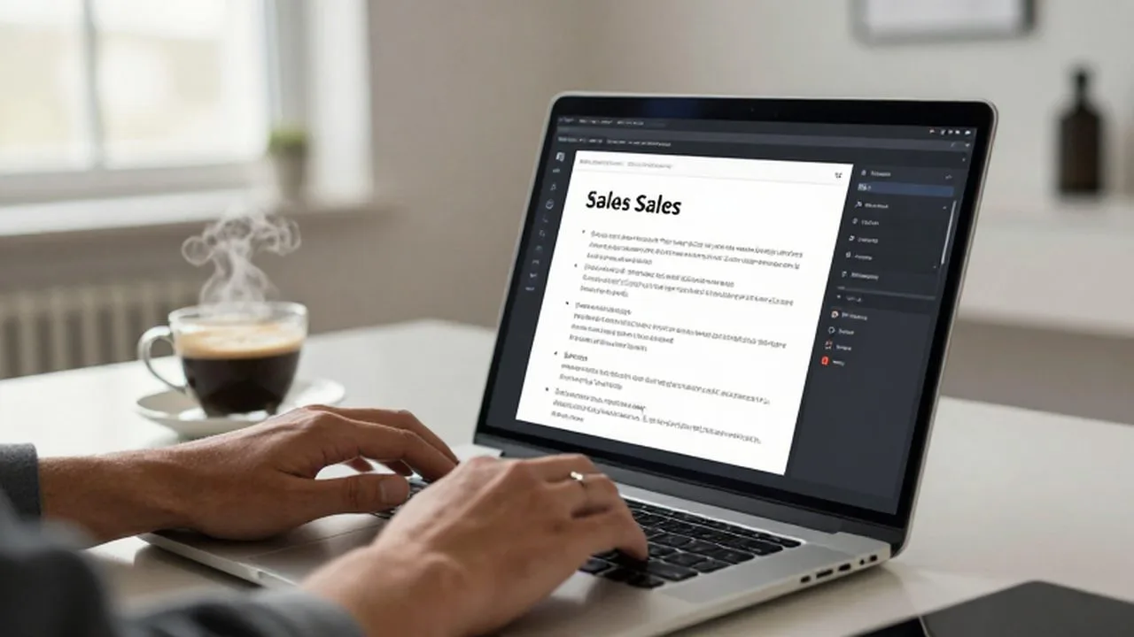 Manos de un profesional escribiendo en un portátil con un guion de ventas en pantalla.