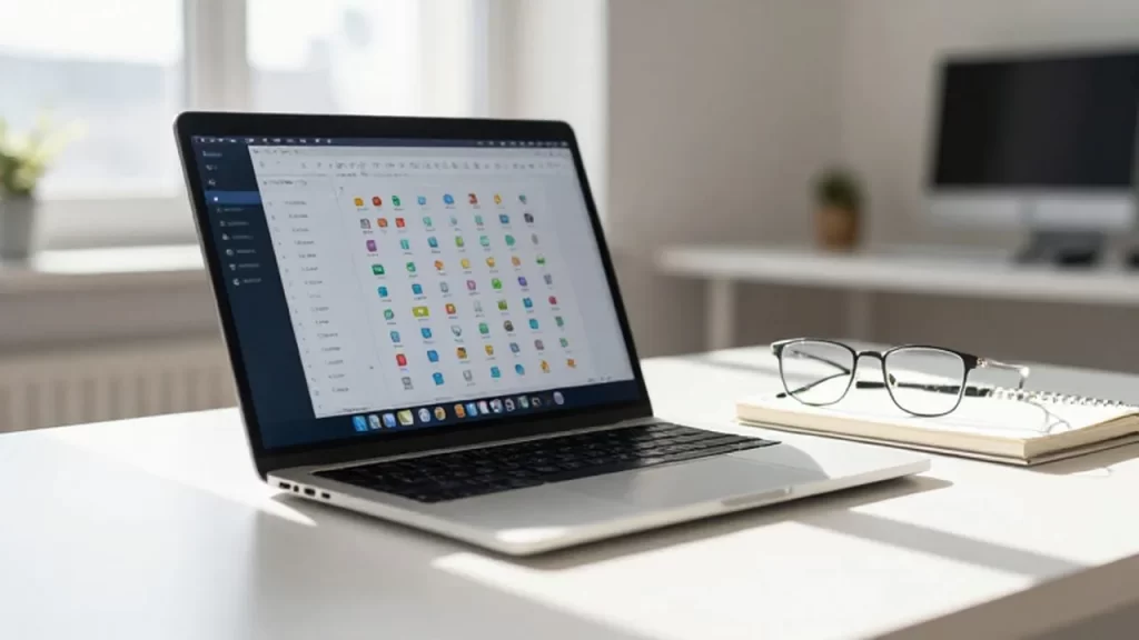 Laptop moderna sobre un escritorio ordenado con un cuaderno
