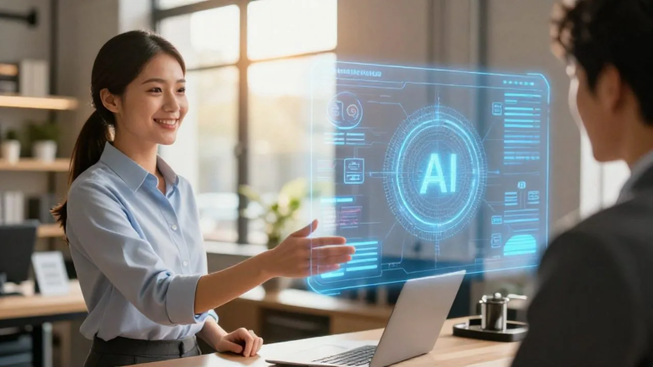 Una empleada amable en una oficina luminosa junto a una interfaz holográfica de inteligencia artificial.