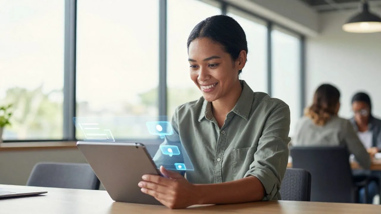 Dueña de un pequeño negocio sonríe mientras usa una tableta con una interfaz digital de soporte al cliente.