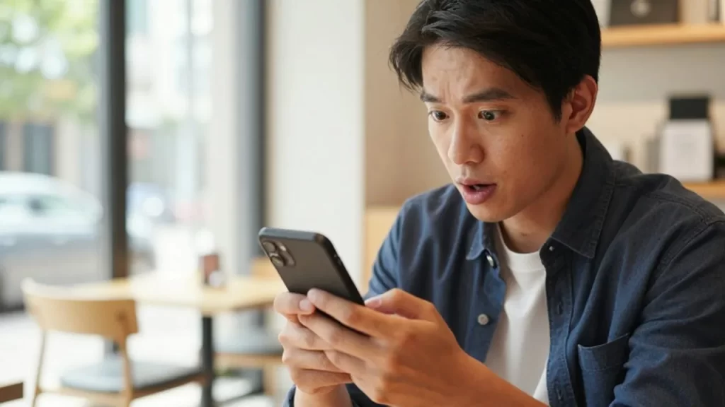 Dueño de un pequeño negocio observa con sorpresa su smartphone en una luminosa cafetería moderna.