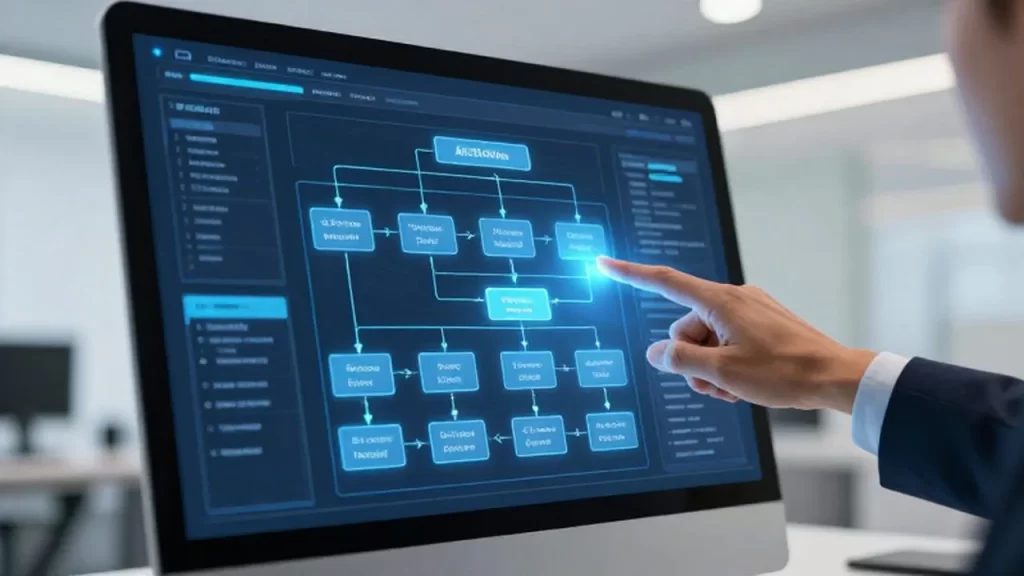 Persona señalando un diagrama de flujo holográfico azul sobre una pantalla de computadora en una oficina moderna.