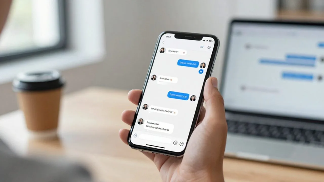 Mano sujetando un smartphone que muestra un chat de ventas automatizado en una oficina.