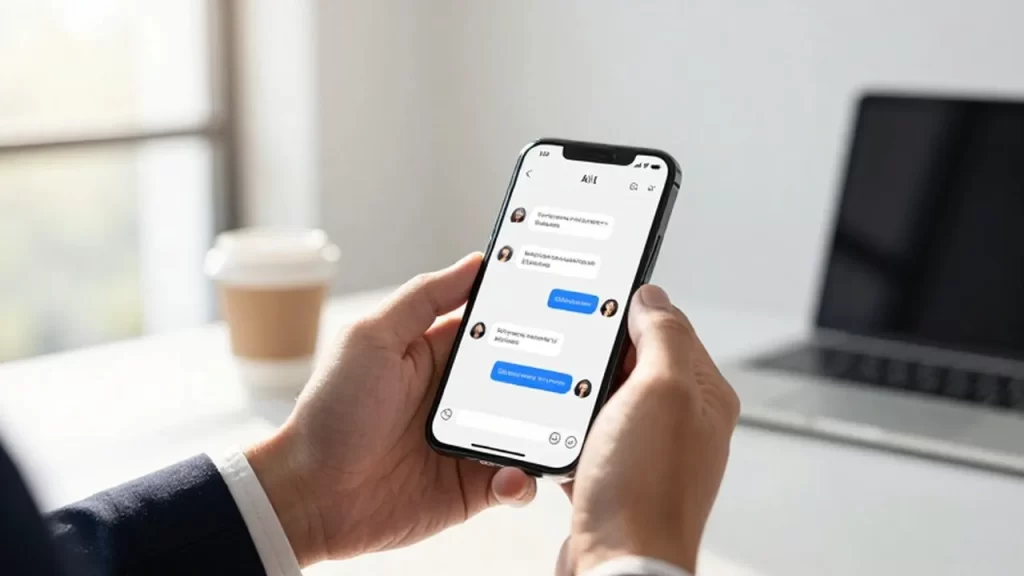 Manos de un emprendedor sosteniendo un smartphone con una interfaz de chat de inteligencia artificial en una oficina luminosa.