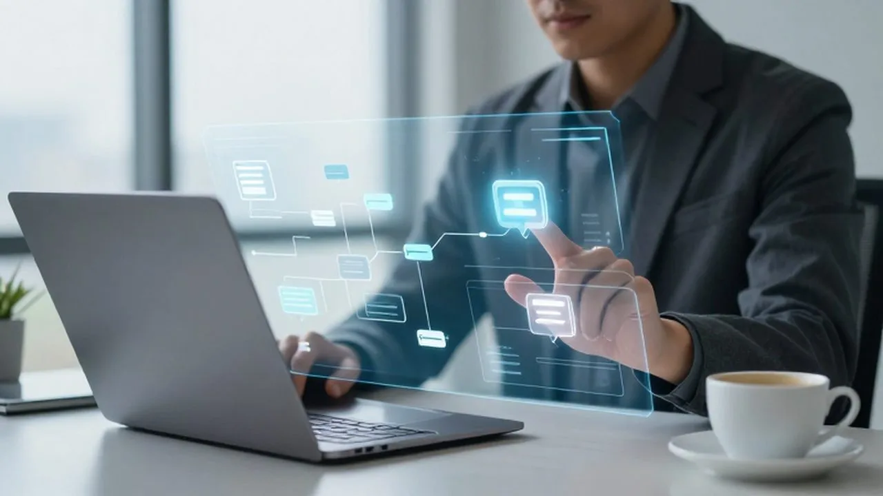 Emprendedor interactuando con una interfaz holográfica de diagramas de flujo en una oficina moderna.