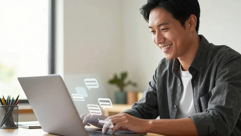 Emprendedor sonriente trabajando con un portátil en una oficina luminosa con iconos de atención al cliente flotantes.