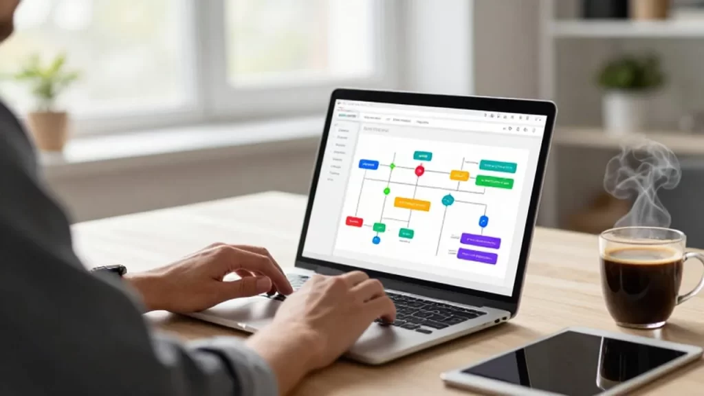 Manos de un profesional interactuando con un diagrama de automatización en una laptop sobre un escritorio minimalista.