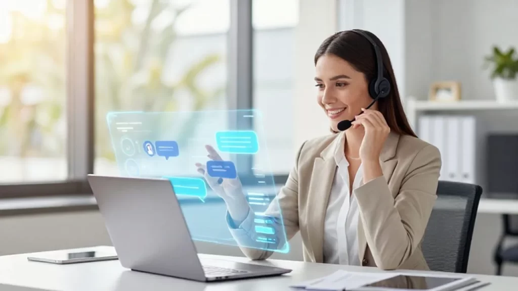 Mujer emprendedora con auriculares interactuando con una interfaz holográfica de chats y datos en su oficina.