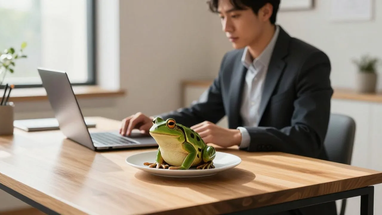 Emprendedor concentrado frente a un portátil con una rana sobre un plato en su escritorio.