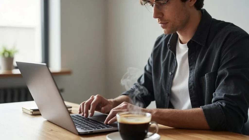 Emprendedor concentrado trabajando con un portátil y café en una oficina moderna y luminosa.