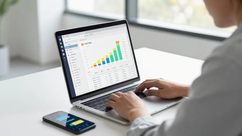 Emprendedor trabajando en un portátil con gráficos de crecimiento empresarial en una oficina luminosa.