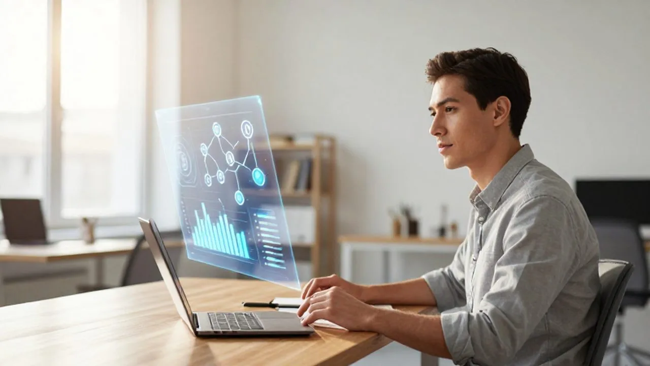 Emprendedor observando un panel holográfico con gráficos de datos en una oficina luminosa y moderna.