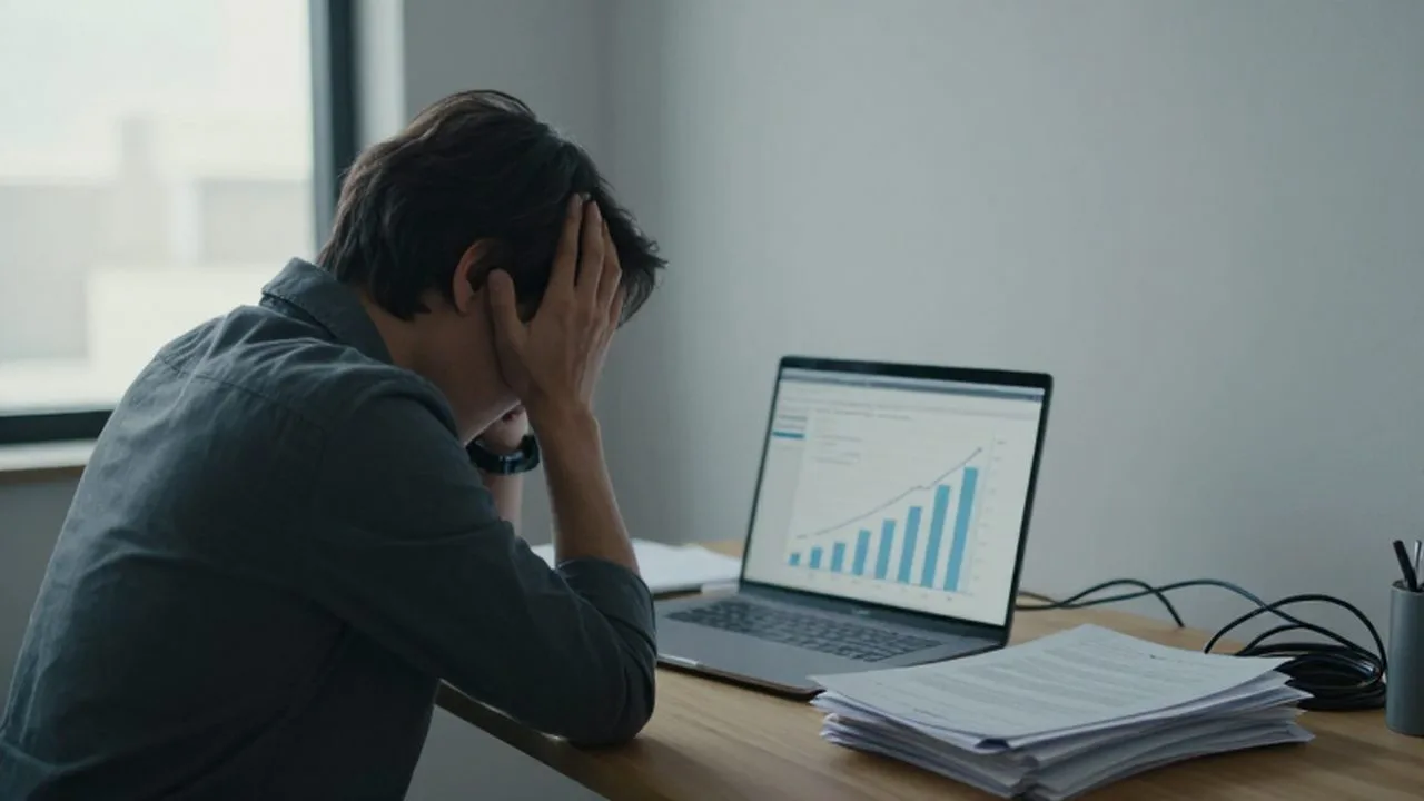 Dueño de un pequeño negocio agobiado frente a una laptop con gráficos de ventas en descenso.