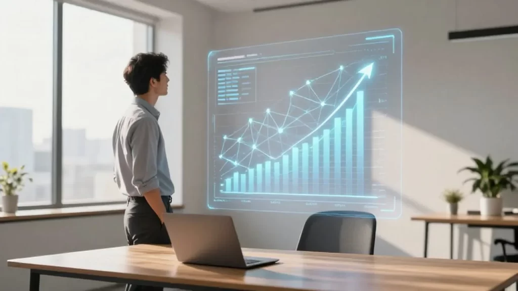 Emprendedor analizando gráficos de datos y redes neuronales en una pantalla digital transparente dentro de una oficina moderna.