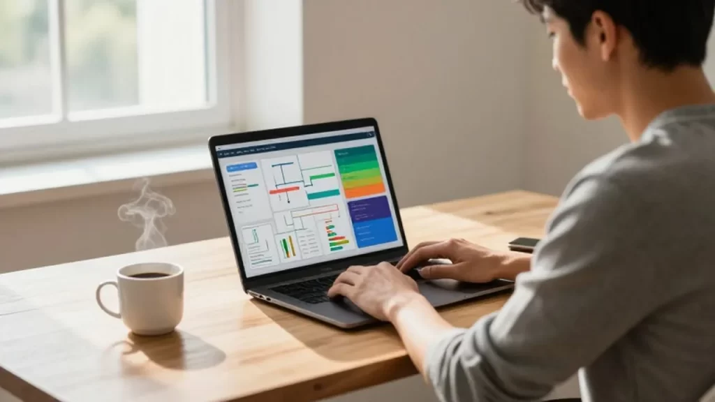 Emprendedor concentrado frente a un portátil con gráficos de datos en una oficina luminosa.