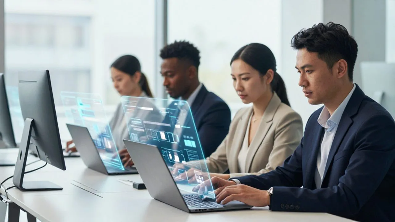 Equipo de tres empleados trabajando en una oficina moderna con interfaces digitales holográficas sobre sus ordenadores.