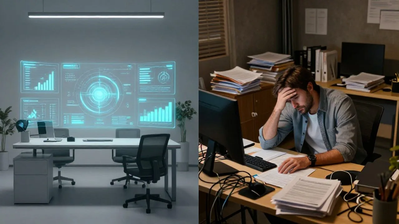 Pantalla dividida que contrasta una oficina digital minimalista con un espacio de trabajo desordenado y estresante.