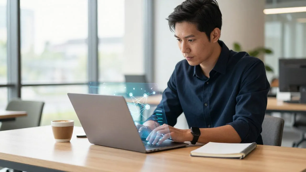 Emprendedor concentrado trabajando en un portátil con una interfaz holográfica de datos sobre su escritorio.