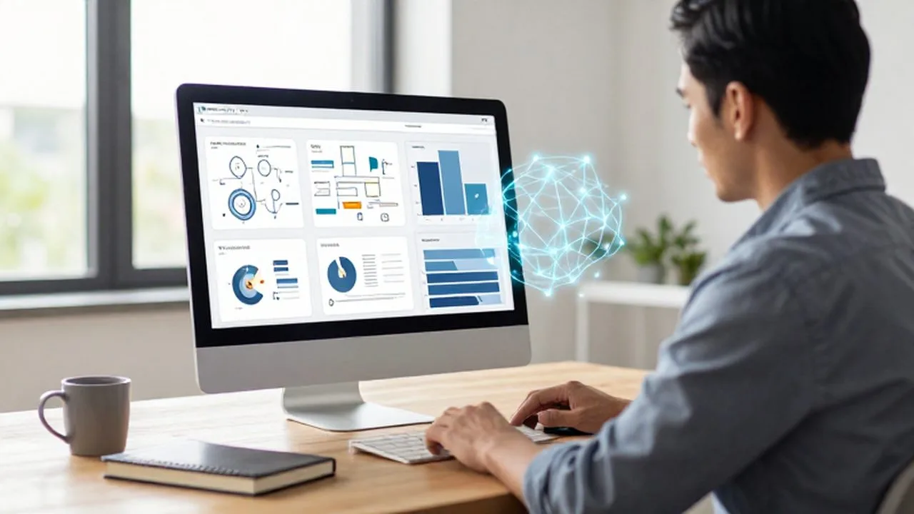 Dueño de un pequeño negocio analiza gráficos de datos y diagramas en un monitor iluminado por la mañana.