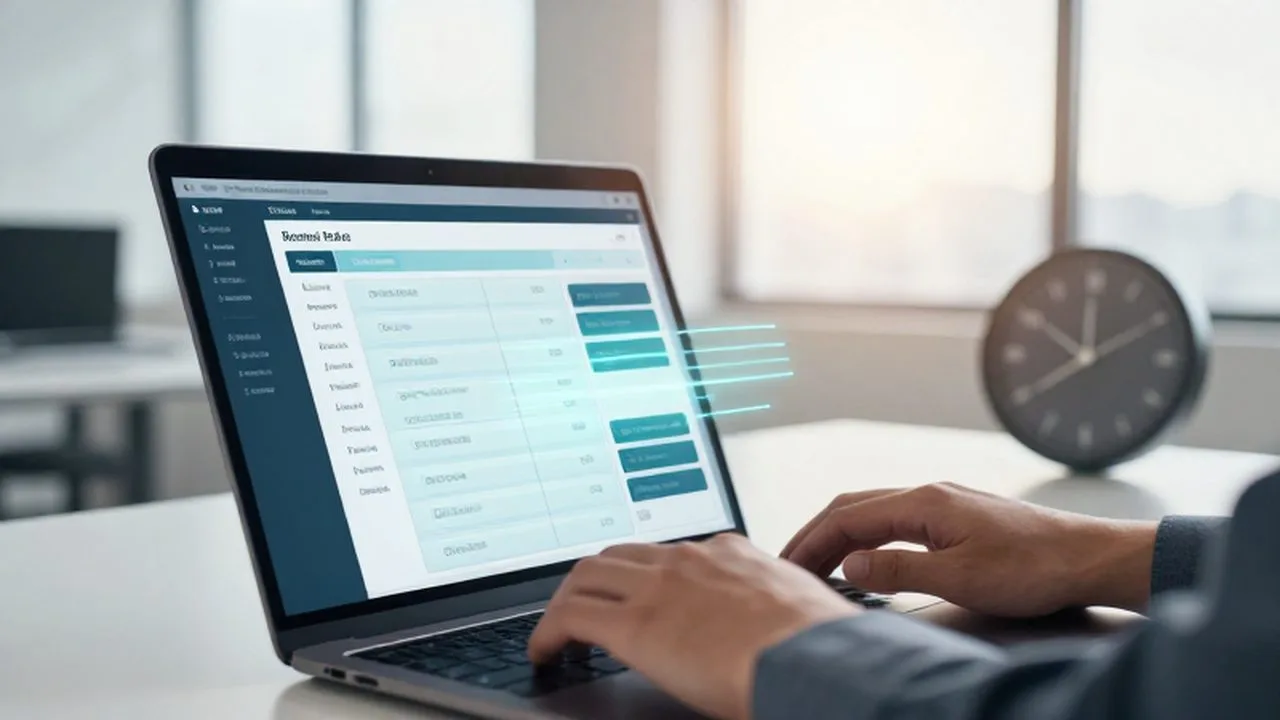 Emprendedor trabajando con analíticas de datos y flujos automatizados en una oficina moderna y luminosa.
