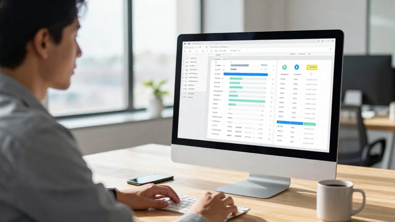 Emprendedor concentrado frente a un monitor con gráficos de datos en una oficina moderna y luminosa.
