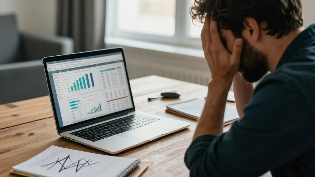 Dueño de un pequeño negocio con expresión de frustración frente a gráficos de ventas complejos.