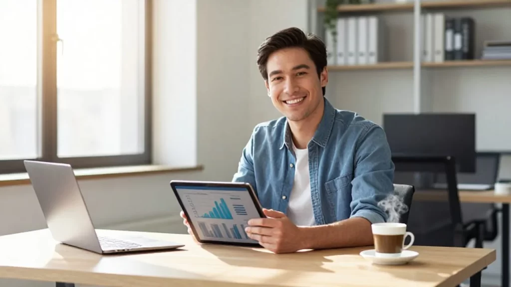 Dueño de un pequeño negocio sonriendo mientras muestra gráficos de ventas en una tableta digital.