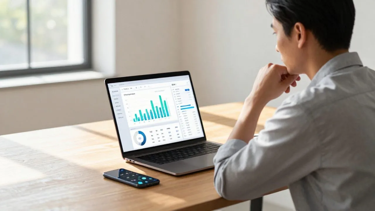 Dueño de una pequeña empresa analizando gráficos de datos en su laptop en una oficina luminosa.