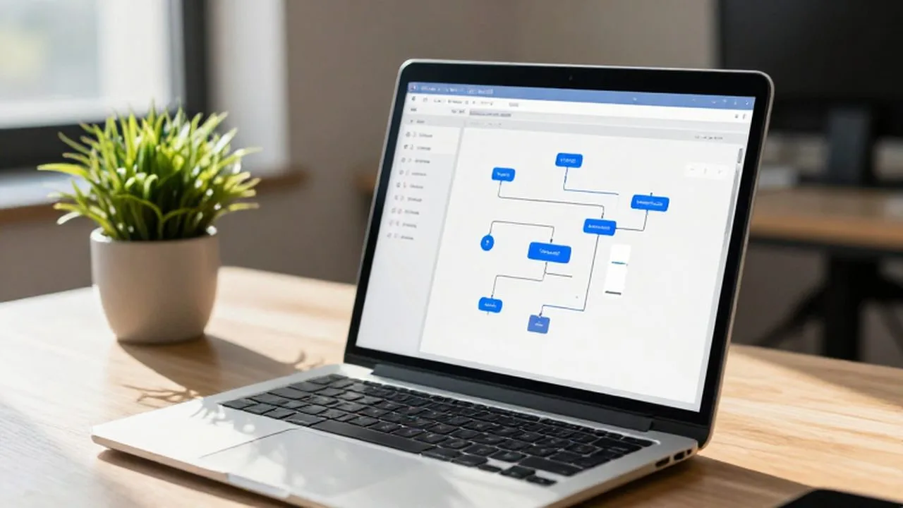 Laptop sobre un escritorio de madera con diagramas de flujo en pantalla y una pequeña planta.
