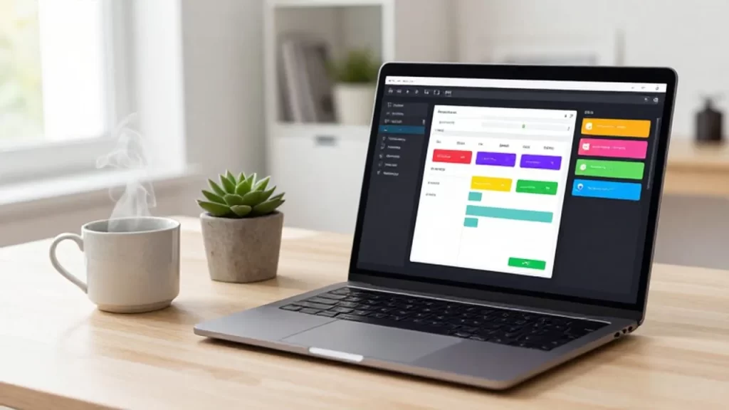 Portátil mostrando interfaces de aplicaciones y flujos de trabajo sobre un escritorio de madera con café.
