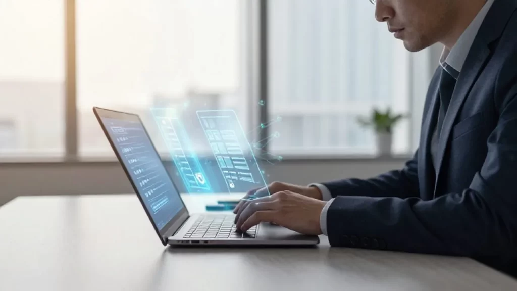 Emprendedor trabajando en una oficina moderna con interfaces holográficas de datos sobre su portátil.