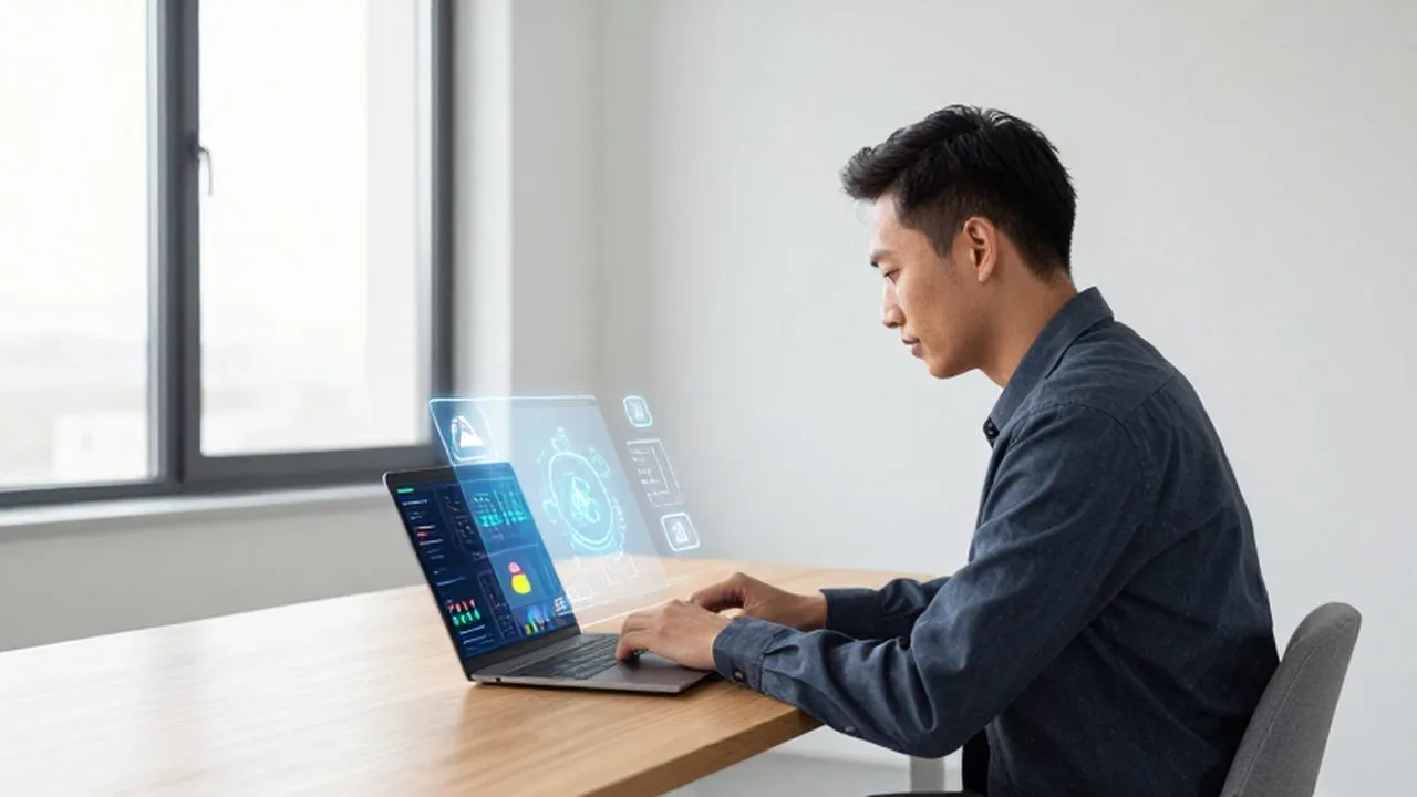 Emprendedor analizando gráficos de datos holográficos en una oficina moderna y luminosa.