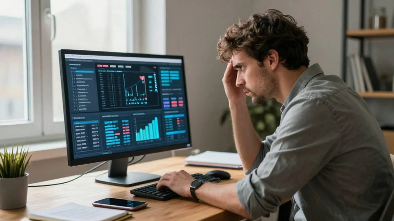 Dueño de un pequeño negocio con expresión de frustración frente a gráficos de datos en su ordenador.