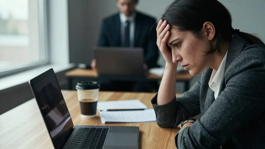Dueño de una pequeña empresa con expresión de frustración frente a su ordenador en un escritorio desordenado.