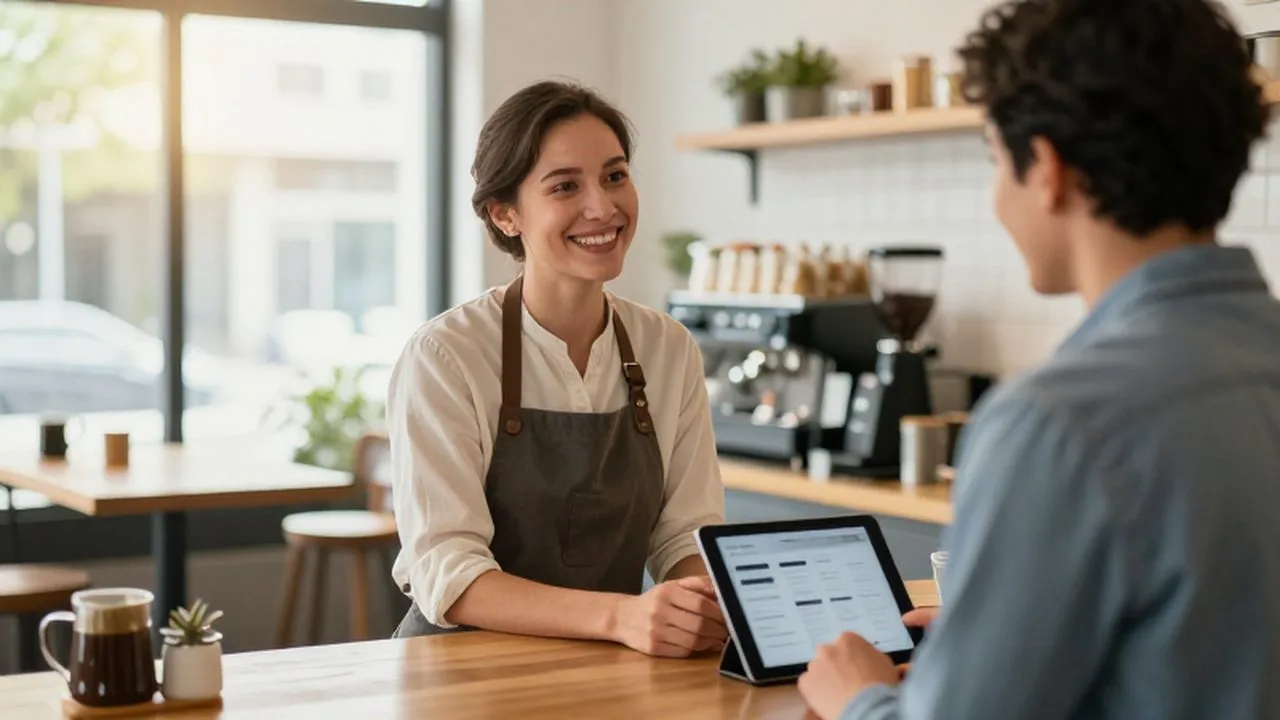 Dueño de una pequeña cafetería sonriendo mientras atiende con calidez a un cliente tras el mostrador.
