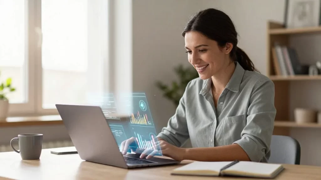 Dueño de un pequeño negocio sonriente revisando un panel de datos en su oficina luminosa.