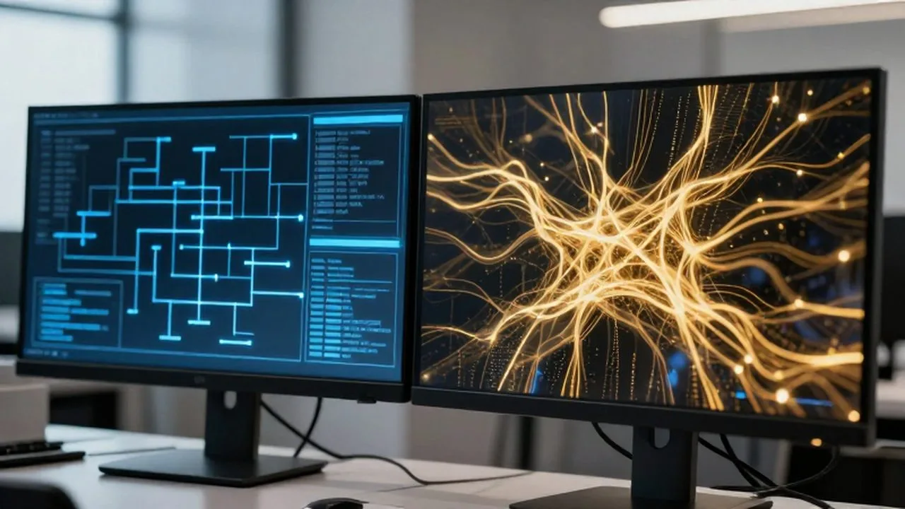 Dos monitores comparan algoritmos de líneas azules estructuradas frente a redes neuronales de flujo dorado.