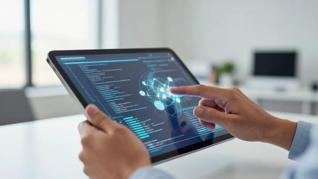 Manos de un emprendedor interactuando con un código digital brillante en una tableta de cristal.