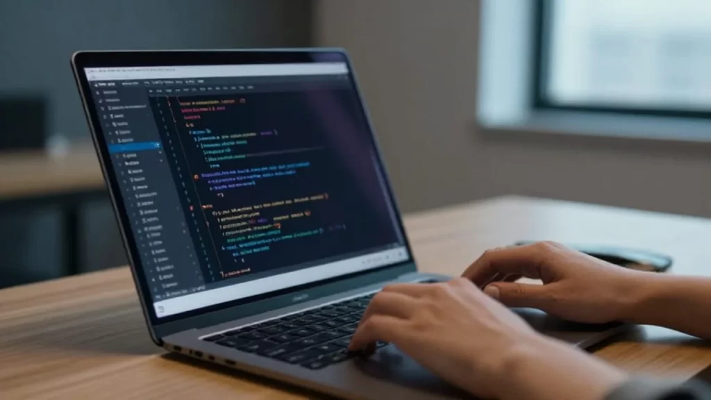 Manos de un emprendedor escribiendo en un teclado frente a una pantalla con código en un escritorio minimalista.