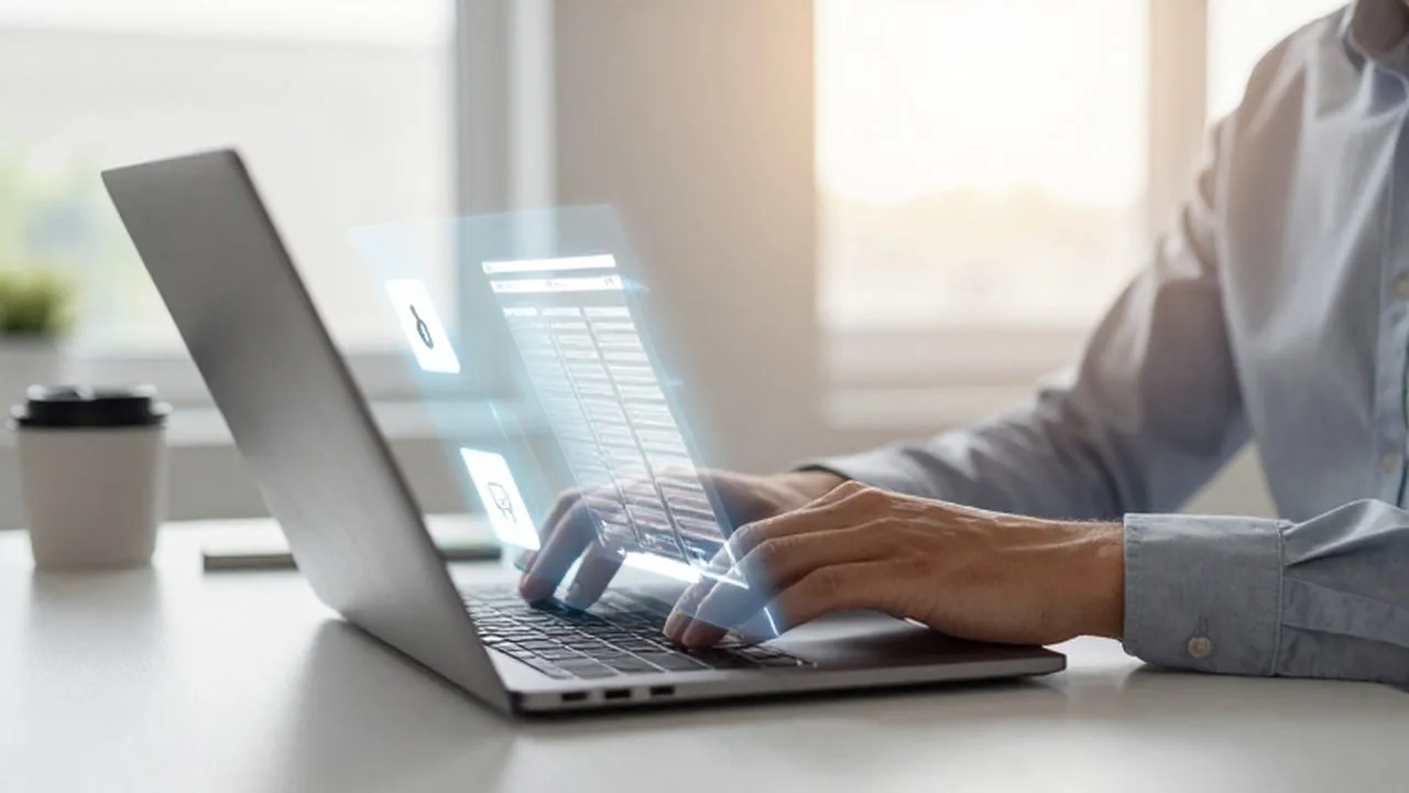 Emprendedor trabajando en un portátil con interfaces digitales de datos sobre un escritorio minimalista.
