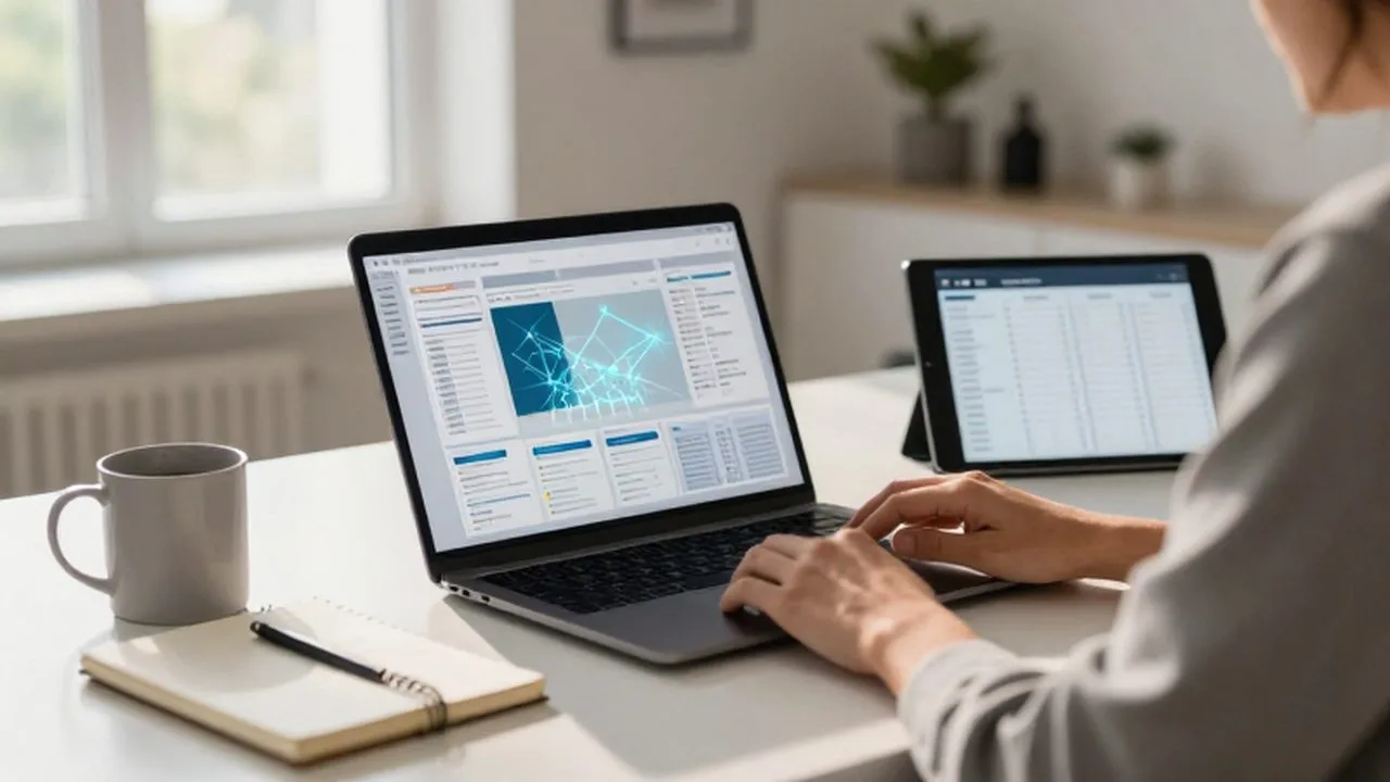 Dueño de una pequeña empresa trabajando en un escritorio moderno con diagramas digitales en su laptop.