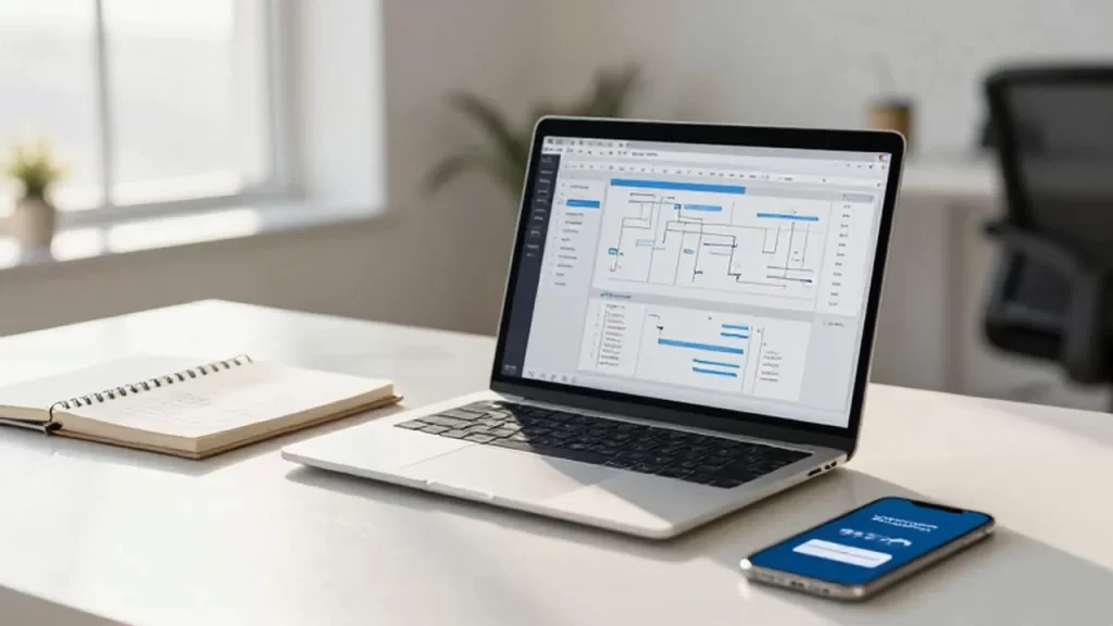 Escritorio organizado con un portátil mostrando diagramas digitales