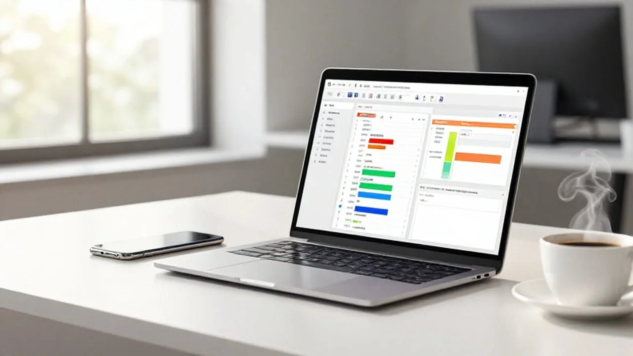Escritorio minimalista con portátil mostrando diagramas de flujo, un smartphone y una taza de café.