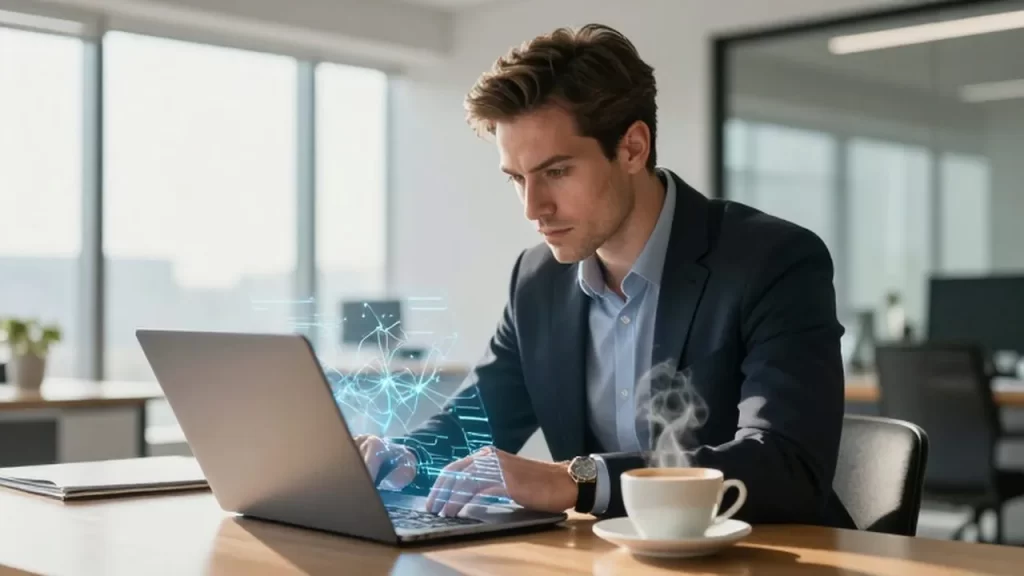 Emprendedor concentrado trabajando frente a un portátil con gráficos digitales en una oficina luminosa.