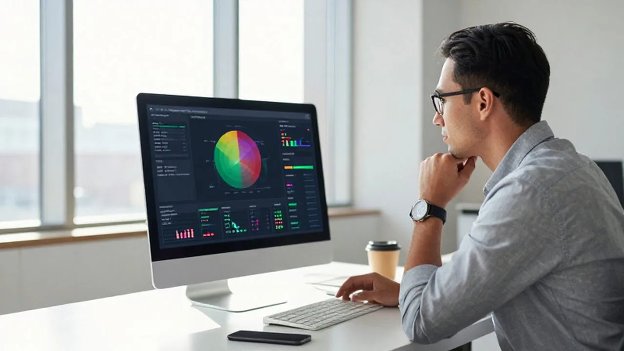 Emprendedor concentrado analizando gráficos de datos y tendencias en un monitor en una oficina moderna.